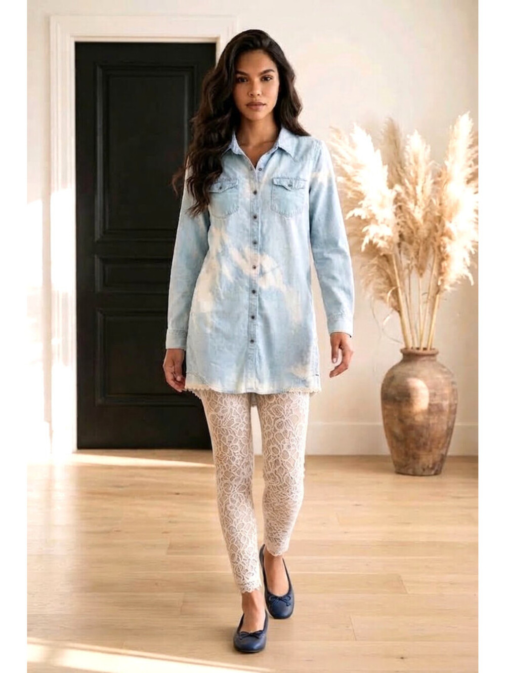 Gap 1969 Denim Lace Trim Shirt Dress sz Large